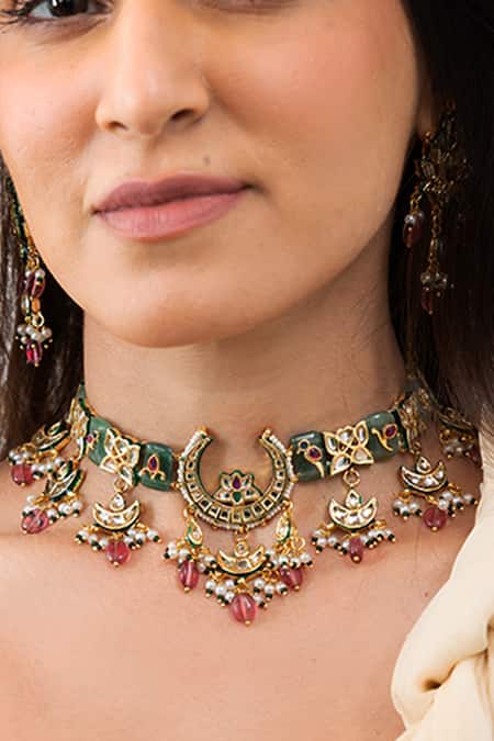 Joules By Radhika_Multi Color Stones, Beads, Pearls Crescent Multicolour Necklace Set _Online_at_Aza_Fashions