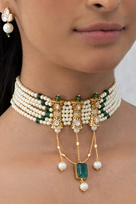 Joules By Radhika_White Pearls, Beads, Stones Teardrop Green Necklace Set _Online_at_Aza_Fashions