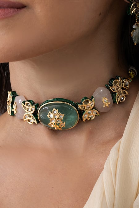 Joules By Radhika_Green Stones Eternal Grandeur Choker Set _Online_at_Aza_Fashions