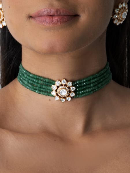 Joules By Radhika_Green Gemstones, Pearls, Regal Bloom Necklace Set _Online_at_Aza_Fashions
