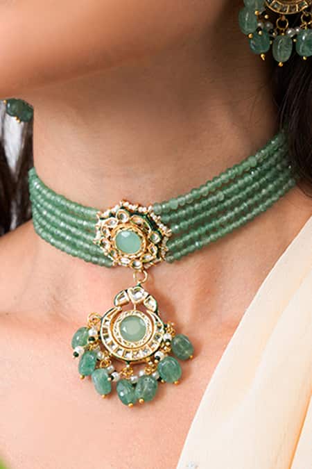 Joules By Radhika_Green Beads, Stones Grandeur Royal Necklace Set _Online_at_Aza_Fashions