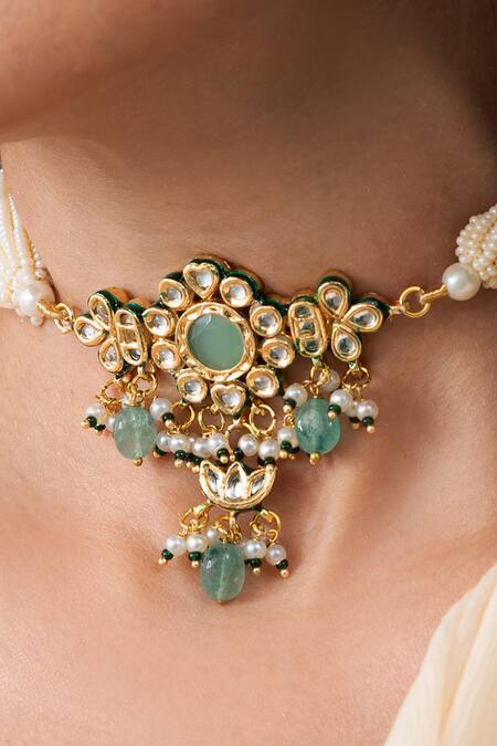 Joules By Radhika_Gold Plated Pearls, Stones Studded Pendant Necklace Set _Online_at_Aza_Fashions