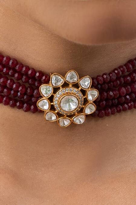 Buy_Joules By Radhika_Red Faux Diamonds, Pearls Timeless Heritage Necklace Set _Online_at_Aza_Fashions