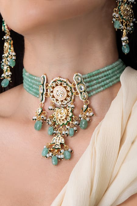 Joules By Radhika_Green Beads, Pearls, Stones Majestic Regal Choker Set _Online_at_Aza_Fashions