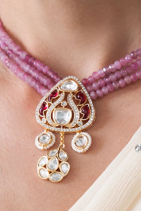 Joules By Radhika_Pink Stones, Pearls Magnificent Heirloom Necklace Set _Online_at_Aza_Fashions