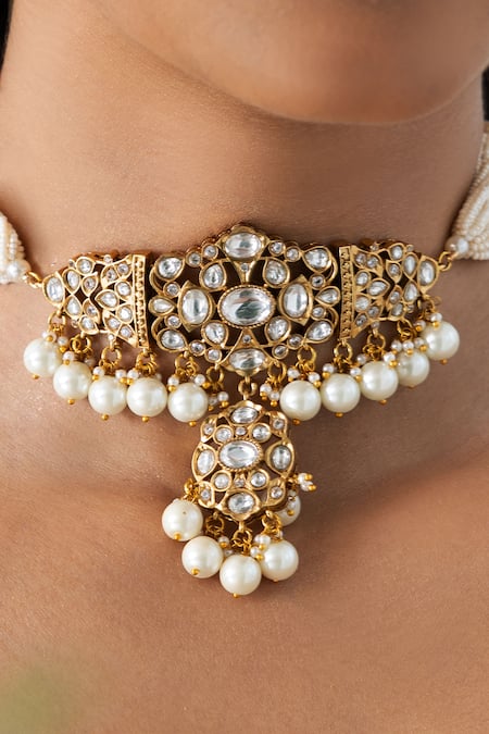 Joules By Radhika_Gold Plated Pearls, Stones Intricate Artisan Beaded Necklace Set _Online_at_Aza_Fashions