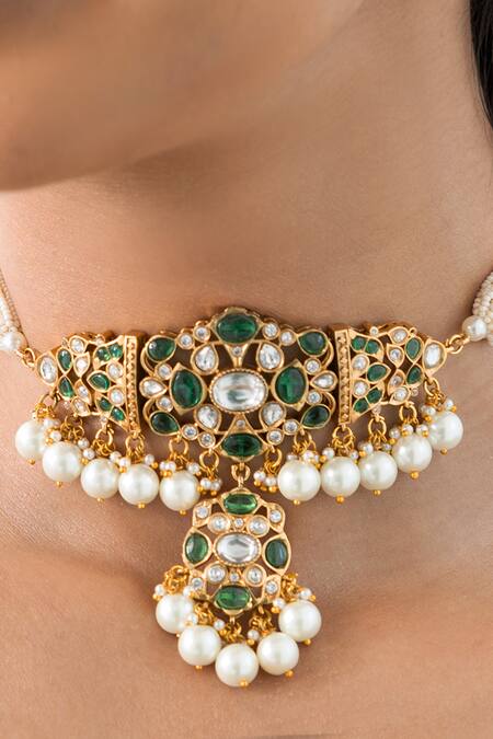 Joules By Radhika_Gold Plated Pearls, Stones Majestic Empress Bead Drop Choker Set _Online_at_Aza_Fashions