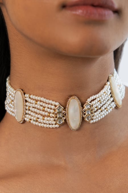 Joules By Radhika_White Beads, Stones And Studded Necklace Set _Online_at_Aza_Fashions