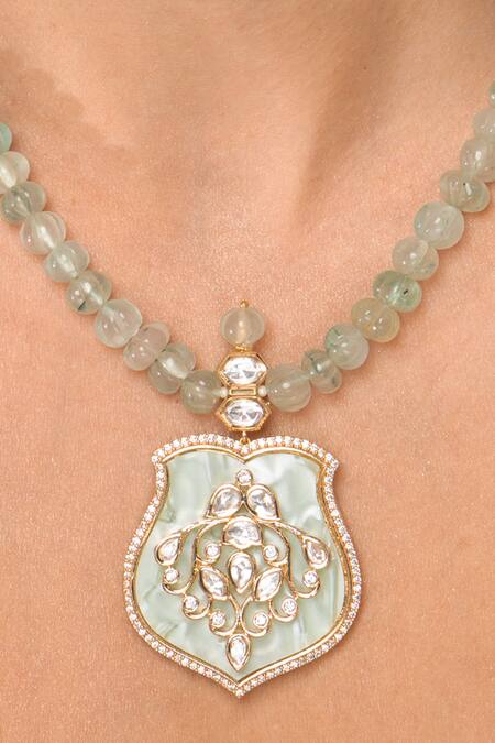 Joules By Radhika_Green Stones Traditional Shield Pendant Necklace Set _Online_at_Aza_Fashions