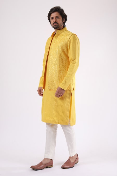 Millionaire_Yellow Embroidery Lucknowi Work Koti And Kurta Set _Online_at_Aza_Fashions