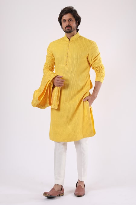 Shop_Millionaire_Yellow Embroidery Lucknowi Work Koti And Kurta Set _Online_at_Aza_Fashions