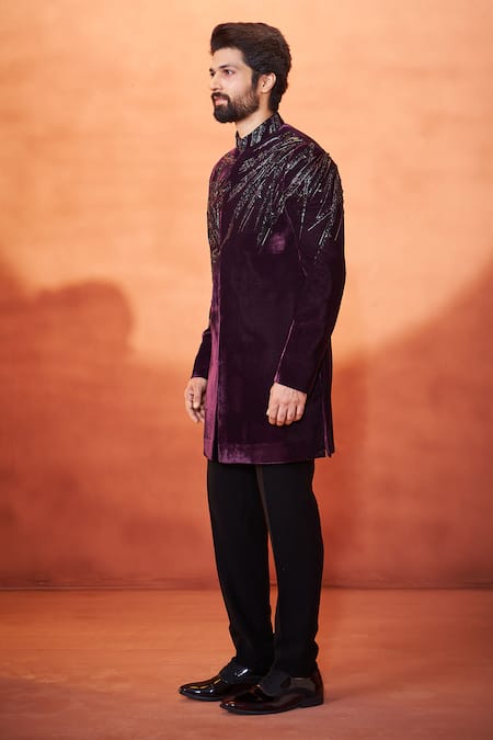 Millionaire_Wine Velvet Stones, Embroidery Handcrafted Work Sherwani Set _Online_at_Aza_Fashions