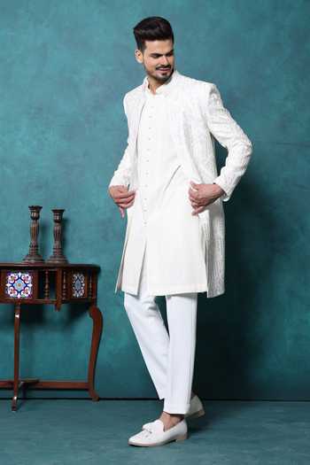 Millionaire White Silk Embroidery, Metallic Thread Sherwani Set Online at Aza Fashions Millionaire_White Silk Embroidery, Metallic Thread Sherwani Set _Online_at_Aza_Fashions
