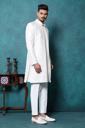 Buy Millionaire White Silk Embroidery, Metallic Thread Sherwani Set Online at Aza Fashions Buy_Millionaire_White Silk Embroidery, Metallic Thread Sherwani Set _Online_at_Aza_Fashions