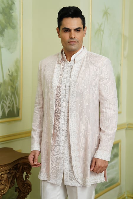 Buy_Millionaire_Pink Organza Pearls, Metallic Thread, Embroidery And Work Bandhgala Jacket Set _Online_at_Aza_Fashions