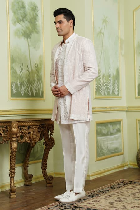 Shop_Millionaire_Pink Organza Pearls, Metallic Thread, Embroidery And Work Bandhgala Jacket Set _Online_at_Aza_Fashions