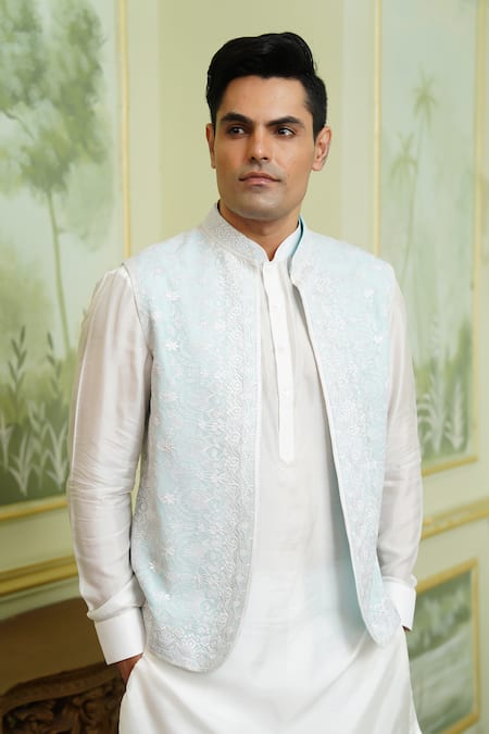 Millionaire_White Silk, Georgette Embroidery Thread Work Bundi And Kurta Set _Online_at_Aza_Fashions