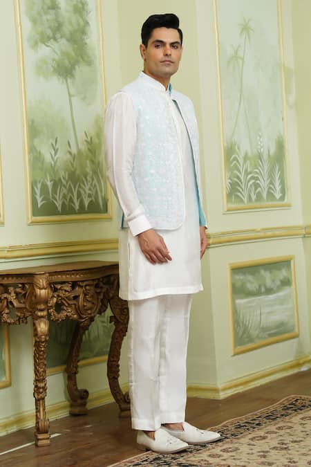 Buy_Millionaire_White Silk, Georgette Embroidery Thread Work Bundi And Kurta Set _Online_at_Aza_Fashions