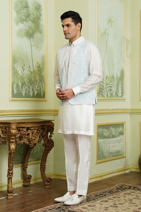 Shop_Millionaire_White Silk, Georgette Embroidery Thread Work Bundi And Kurta Set _Online_at_Aza_Fashions