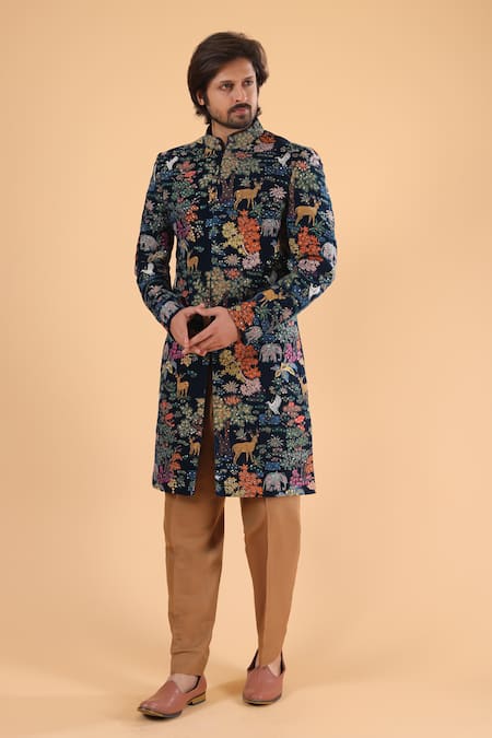 Millionaire_Navy Velvet Embroidery Thread Work Sherwani Set _Online_at_Aza_Fashions