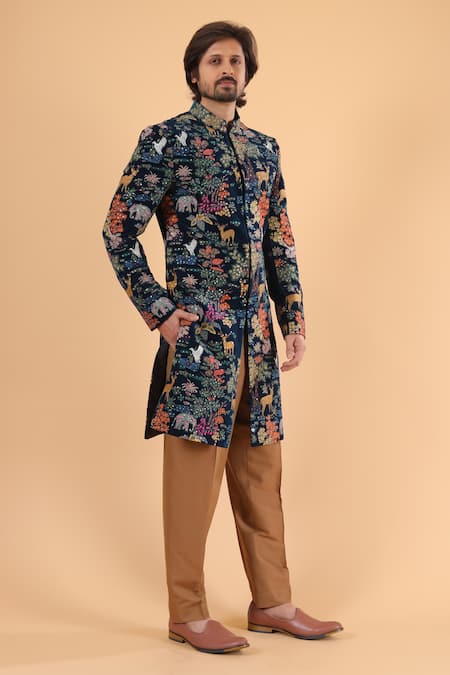Buy_Millionaire_Navy Velvet Embroidery Thread Work Sherwani Set _Online_at_Aza_Fashions