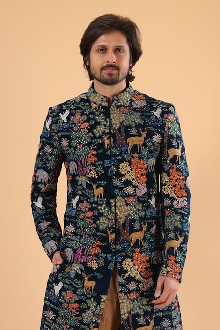 Shop_Millionaire_Navy Velvet Embroidery Thread Work Sherwani Set _Online_at_Aza_Fashions