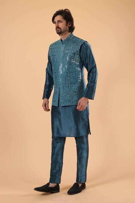 Millionaire_Teal Silk Mirrors, Embroidery, Metallic Thread And Work Bundi Set _Online_at_Aza_Fashions
