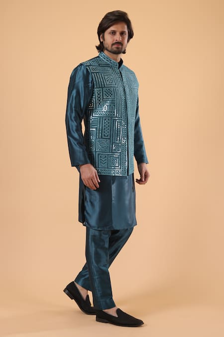 Buy_Millionaire_Teal Silk Mirrors, Embroidery, Metallic Thread And Work Bundi Set _Online_at_Aza_Fashions