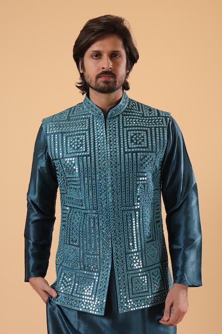 Shop_Millionaire_Teal Silk Mirrors, Embroidery, Metallic Thread And Work Bundi Set _Online_at_Aza_Fashions