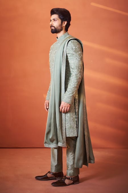 Millionaire_Green Silk Pearls, Embroidery Resham And Work Sherwani Set _Online_at_Aza_Fashions
