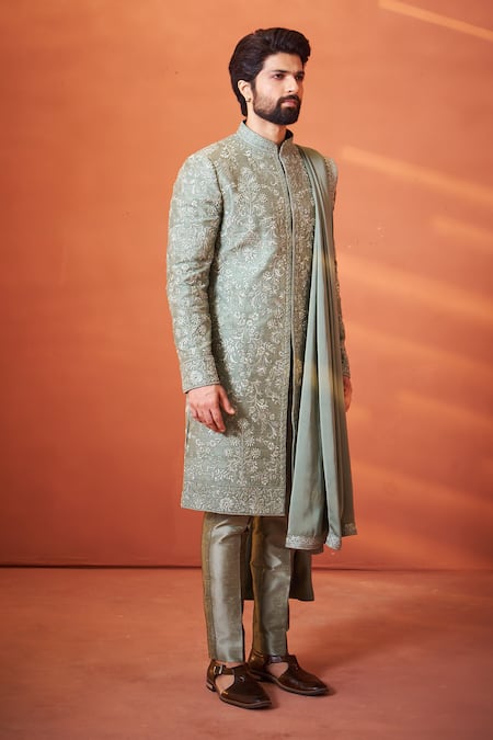 Buy_Millionaire_Green Silk Pearls, Embroidery Resham And Work Sherwani Set _Online_at_Aza_Fashions