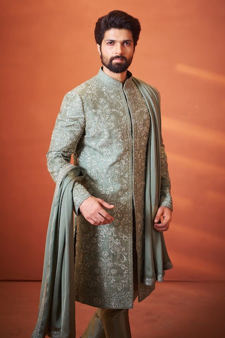 Shop_Millionaire_Green Silk Pearls, Embroidery Resham And Work Sherwani Set _Online_at_Aza_Fashions