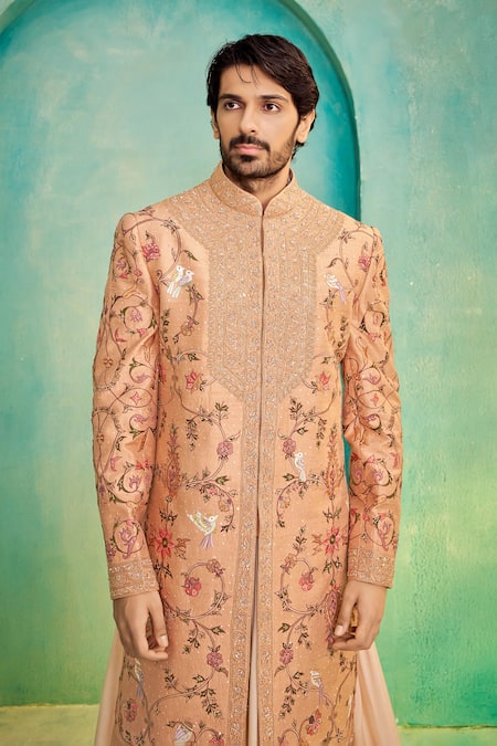 Buy_Millionaire_Peach Silk Embroidery Raw Sherwani Set 