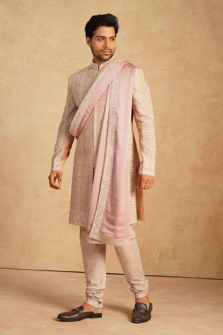Shop_Millionaire_Rose Gold Embroidery Shimmer Silk Sherwani Set _Online_at_Aza_Fashions