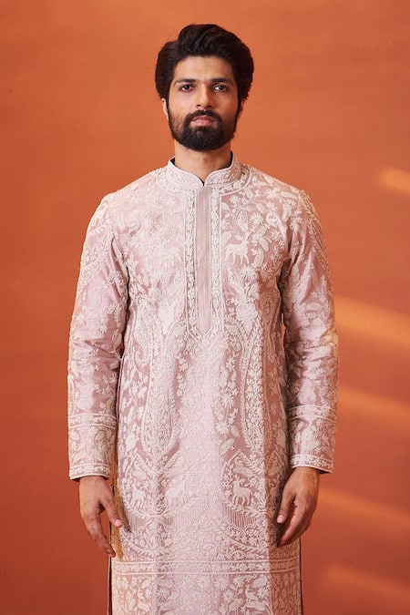 Shop Millionaire Rose Gold Silk Embroidery, Pearls Resham And Thread Work Kurta Set Online at Aza Fashions Shop_Millionaire_Rose Gold Silk Embroidery, Pearls Resham And Thread Work Kurta Set _Online_at_Aza_Fashions