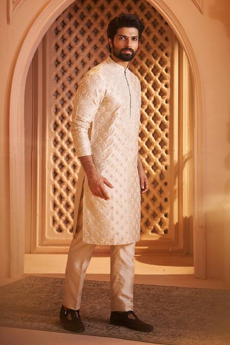 Shop_Millionaire_Rose Gold Embroidery, Zari Kurta Set _Online_at_Aza_Fashions