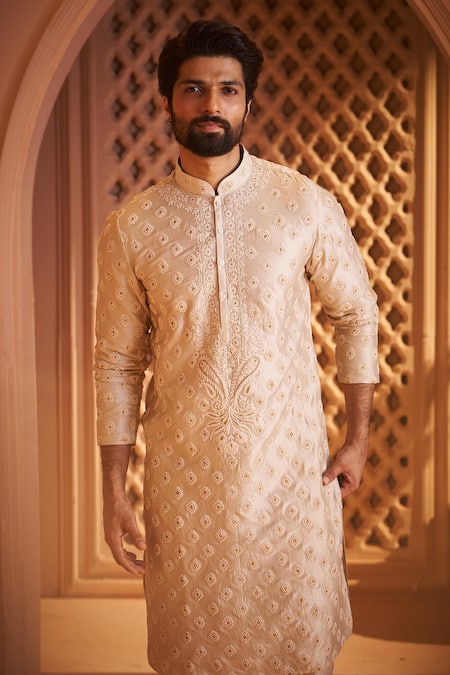 Millionaire_Rose Gold Embroidery, Zari Kurta Set _at_Aza_Fashions