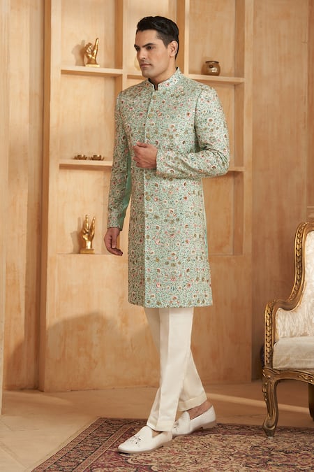 Millionaire_Blue Silk, Modal, Satin Embroidery Thread Work Sherwani Set _Online_at_Aza_Fashions