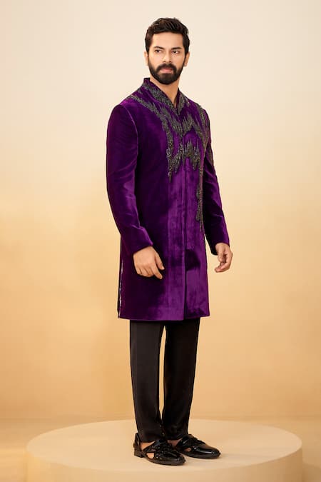 Millionaire_Purple Velvet Beads Long Bandhgala Set _Online_at_Aza_Fashions