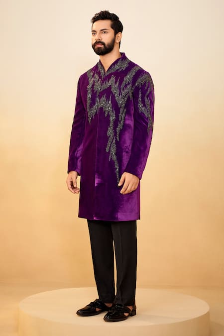Buy_Millionaire_Purple Velvet Beads Long Bandhgala Set _Online_at_Aza_Fashions