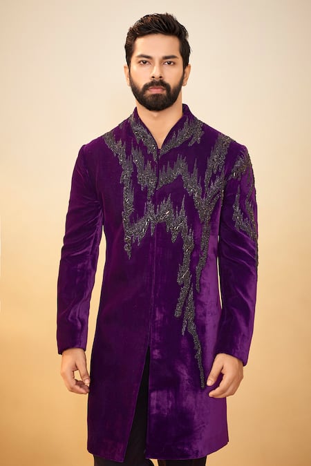 Shop_Millionaire_Purple Velvet Beads Long Bandhgala Set _Online_at_Aza_Fashions