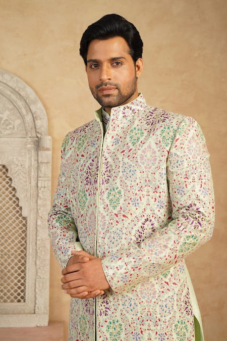 Millionaire Green Silk Embroidery, Metallic Thread Work Sherwani Set Online at Aza Fashions Millionaire_Green Silk Embroidery, Metallic Thread Work Sherwani Set _Online_at_Aza_Fashions