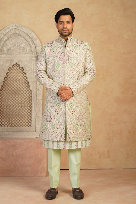 Millionaire Green Silk Embroidery, Metallic Thread Work Sherwani Set at Aza Fashions Millionaire_Green Silk Embroidery, Metallic Thread Work Sherwani Set _at_Aza_Fashions
