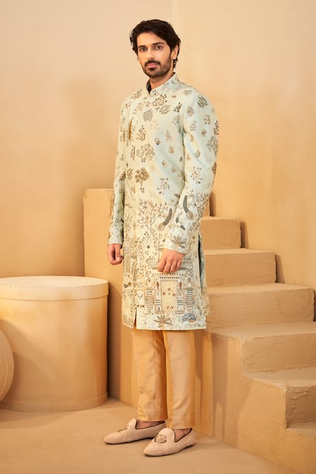 Millionaire Green Dupion, Silk Embroidery Thread Work Sherwani Set Online at Aza Fashions Millionaire_Green Dupion, Silk Embroidery Thread Work Sherwani Set _Online_at_Aza_Fashions