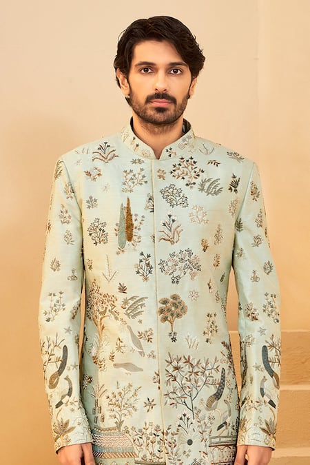 Shop Millionaire Green Dupion, Silk Embroidery Thread Work Sherwani Set Online at Aza Fashions Shop_Millionaire_Green Dupion, Silk Embroidery Thread Work Sherwani Set _Online_at_Aza_Fashions