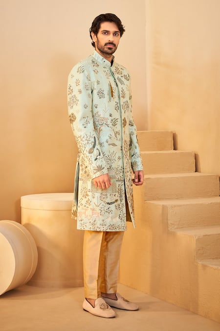 Millionaire Green Dupion, Silk Embroidery Thread Work Sherwani Set at Aza Fashions Millionaire_Green Dupion, Silk Embroidery Thread Work Sherwani Set _at_Aza_Fashions