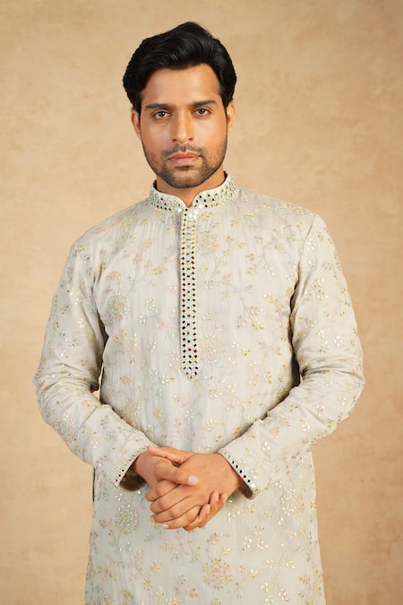 Millionaire_Green Chanderi Silk Embroidery, Mirrors, Metallic Thread And Work Kurta Set _at_Aza_Fashions