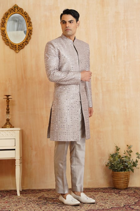 Buy_Millionaire_Pink Silk Mirrors Work Sherwani Set _Online_at_Aza_Fashions