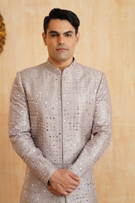 Shop_Millionaire_Pink Silk Mirrors Work Sherwani Set _Online_at_Aza_Fashions