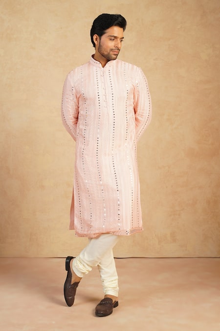 Shop_Millionaire_Pink Silk Mirrors, Embroidery Work Kurta Set _Online_at_Aza_Fashions